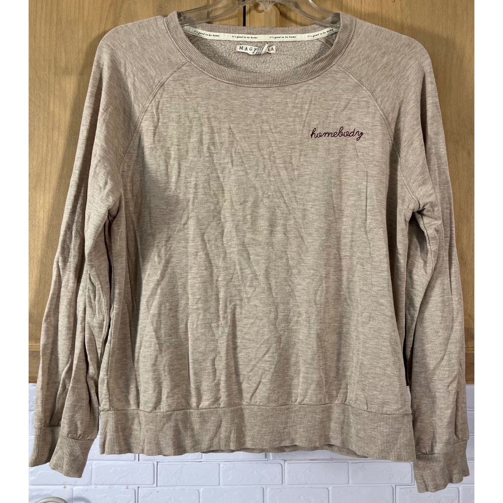Magnolia Sweatshirt Women Medium Tan Homebody Embroidered Pullover Crewneck